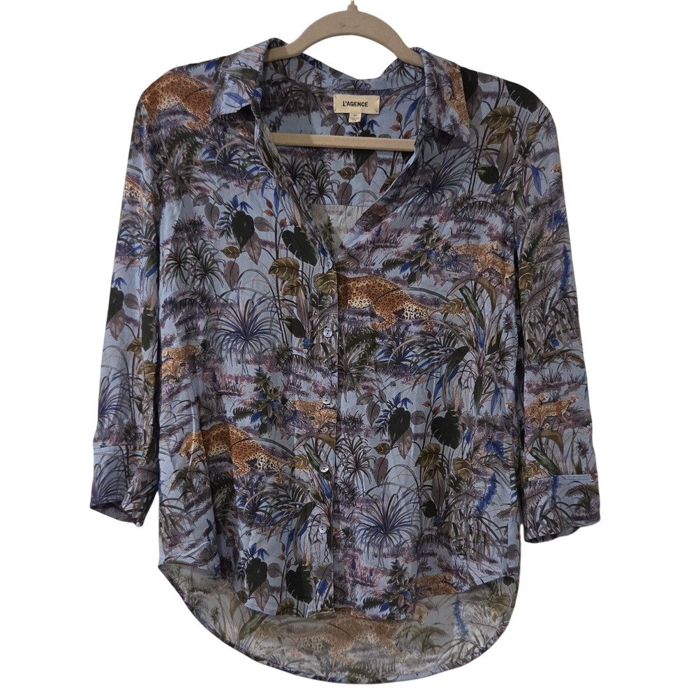 L'Agence Leopard Botanical Blouse S Blue Viscose Animal Print High Low